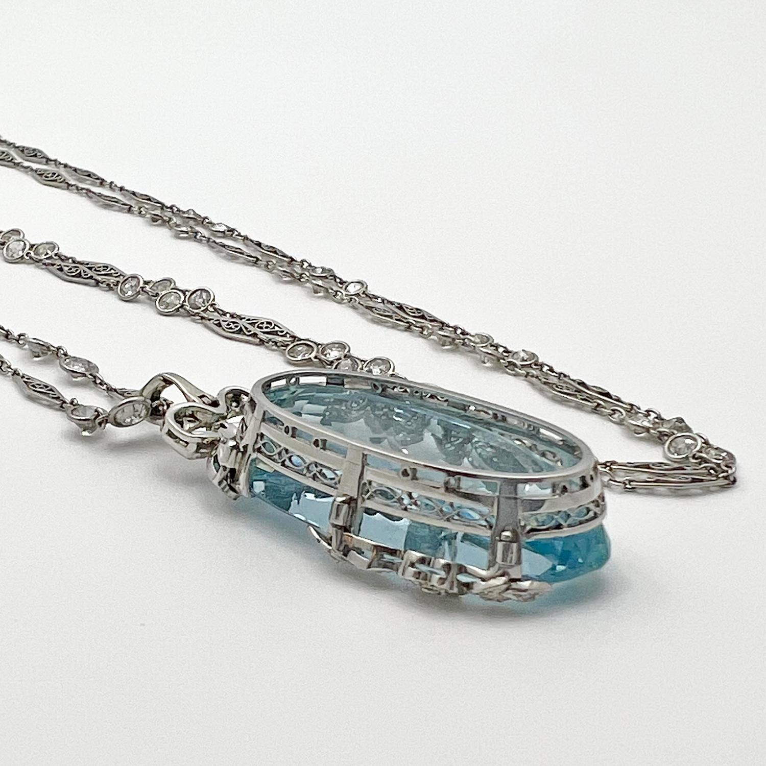 Women's Aquamarine Diamond Belle Époque Pendant Long Chain Necklace For Sale