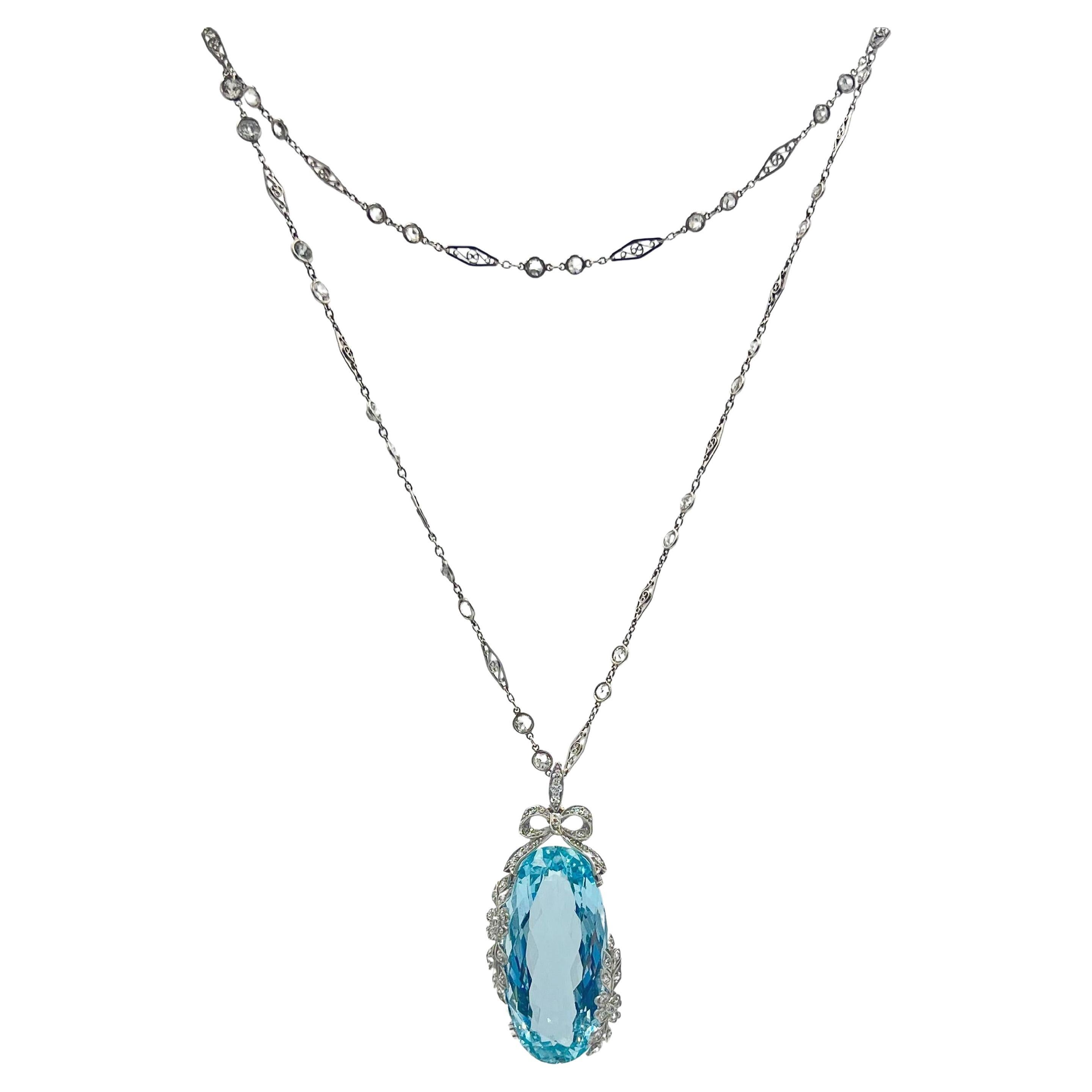 Aquamarine Diamond Belle Époque Pendant Long Chain Necklace