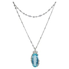 Aquamarine Diamond Belle Époque Pendant Long Chain Necklace