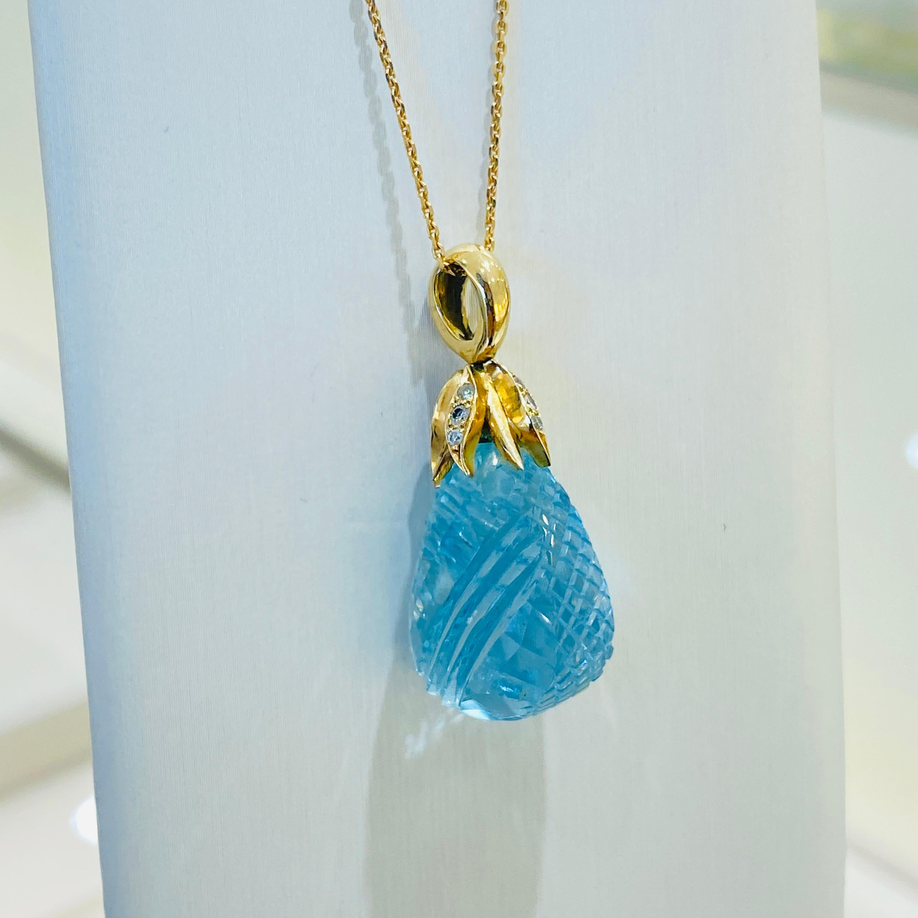 Artist Aquamarine & Diamond Carved Pendant In 18K Yellow Gold For Sale