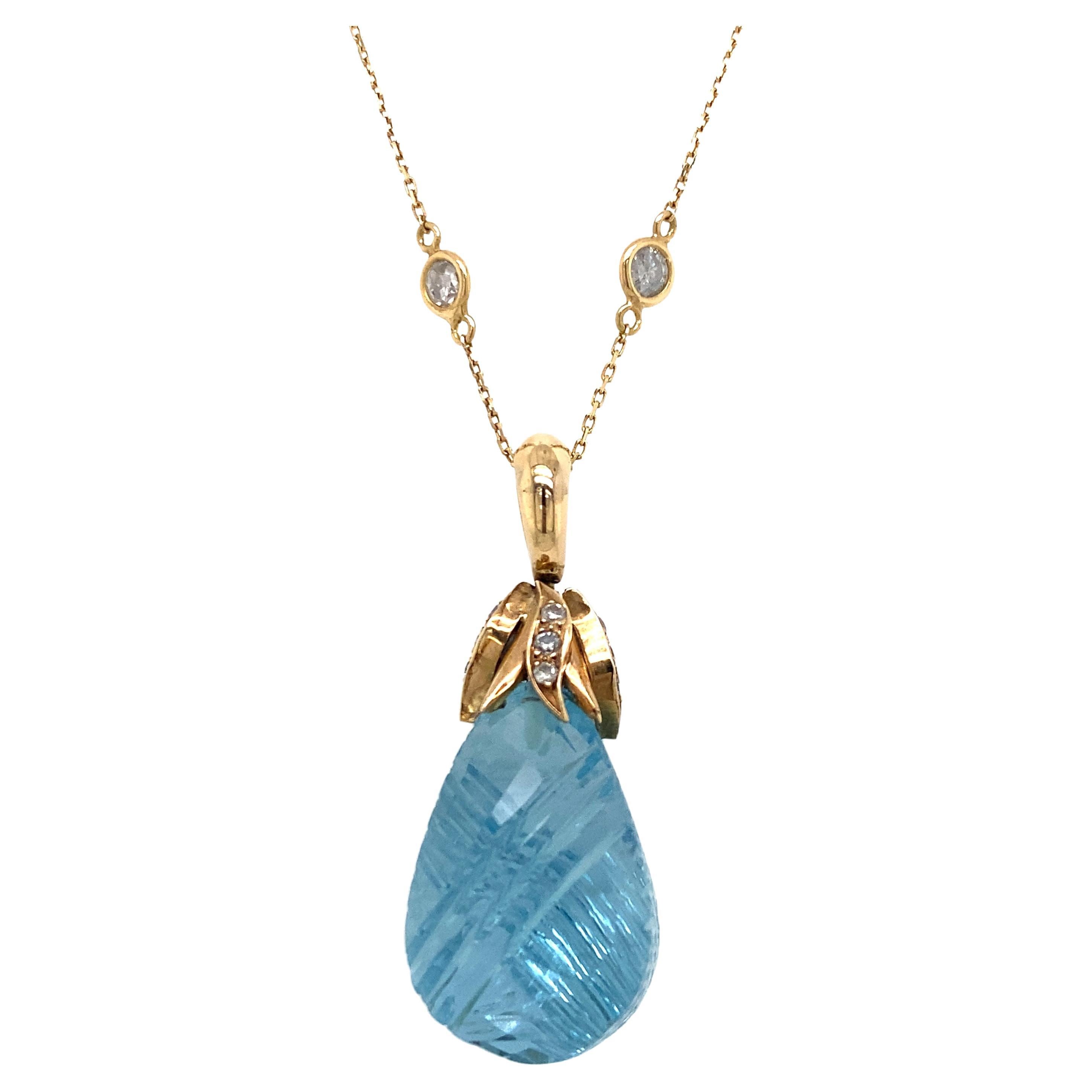 Aquamarine & Diamond Carved Pendant In 18K Yellow Gold For Sale