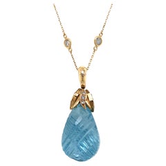 Aquamarine & Diamond Carved Pendant In 18K Yellow Gold