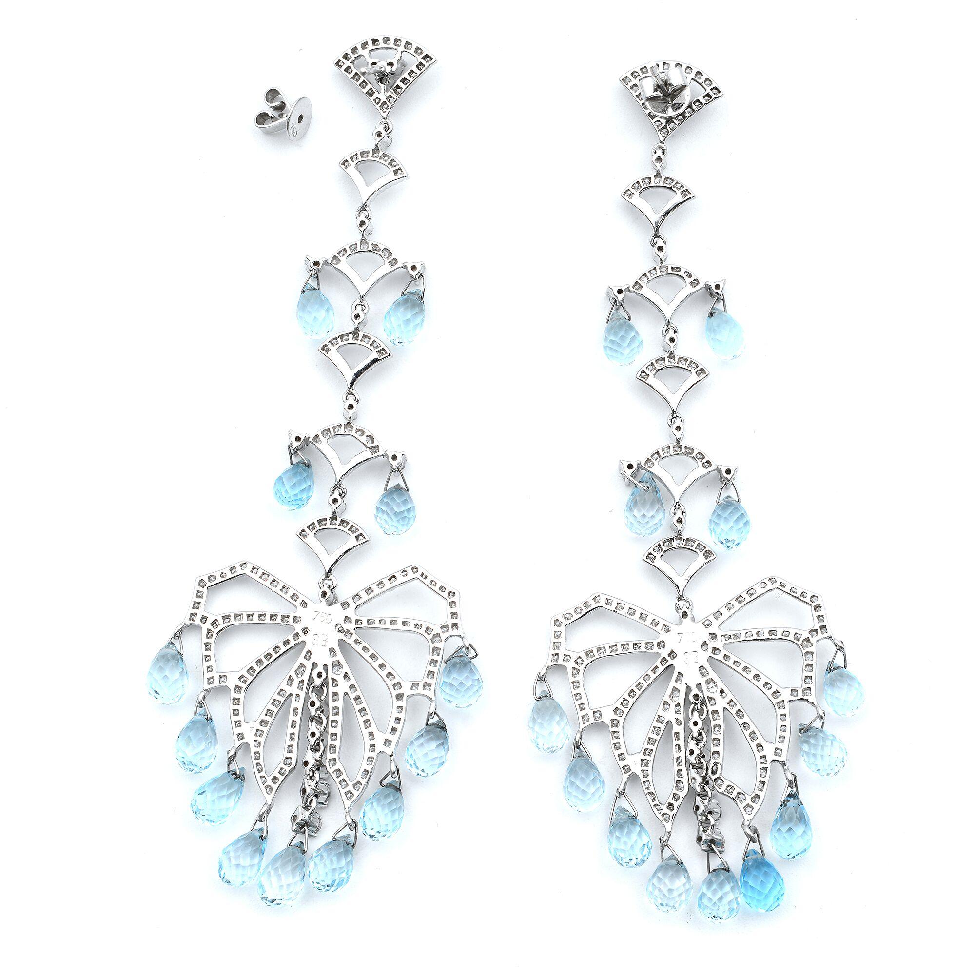 Modern Aquamarine & Diamond Chandelier Drop Dangle Earrings in 18k White Gold 1.25ctw For Sale