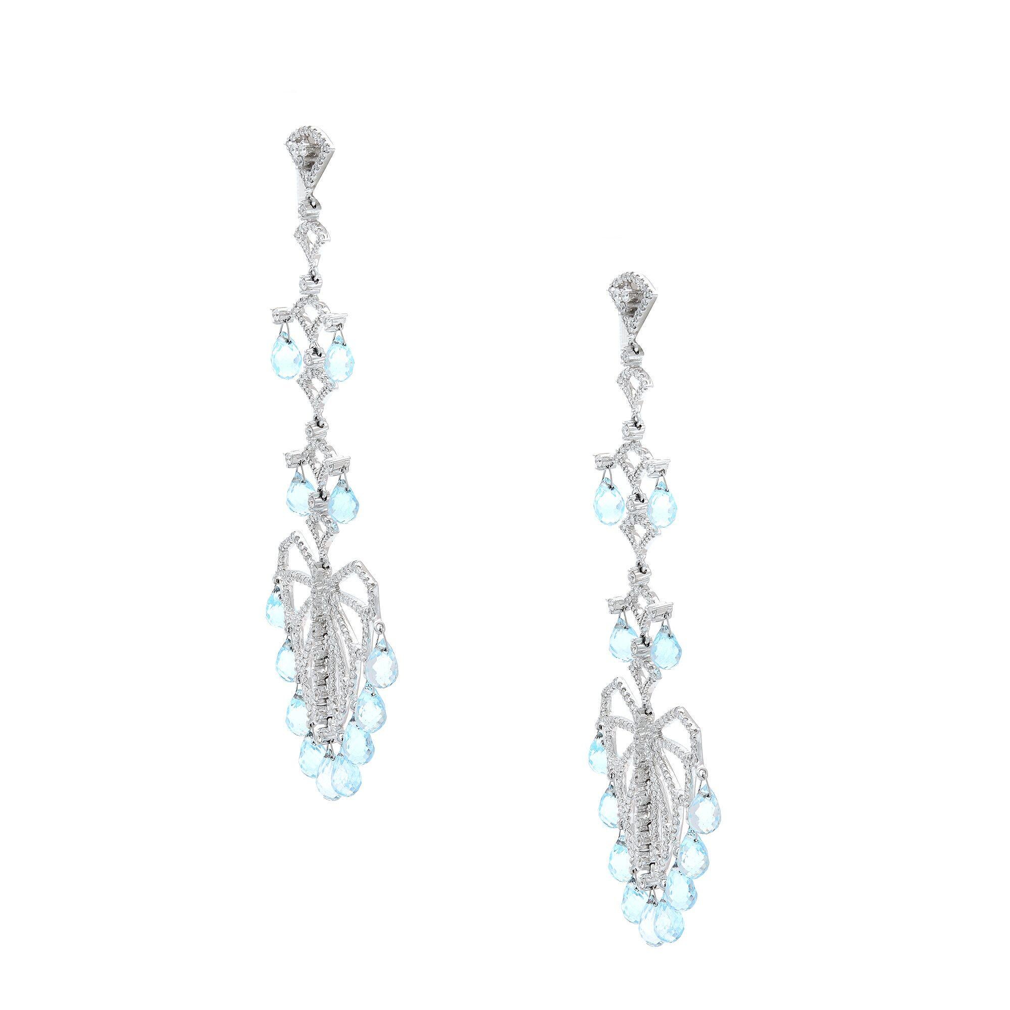Round Cut Aquamarine & Diamond Chandelier Drop Dangle Earrings in 18k White Gold 1.25ctw For Sale