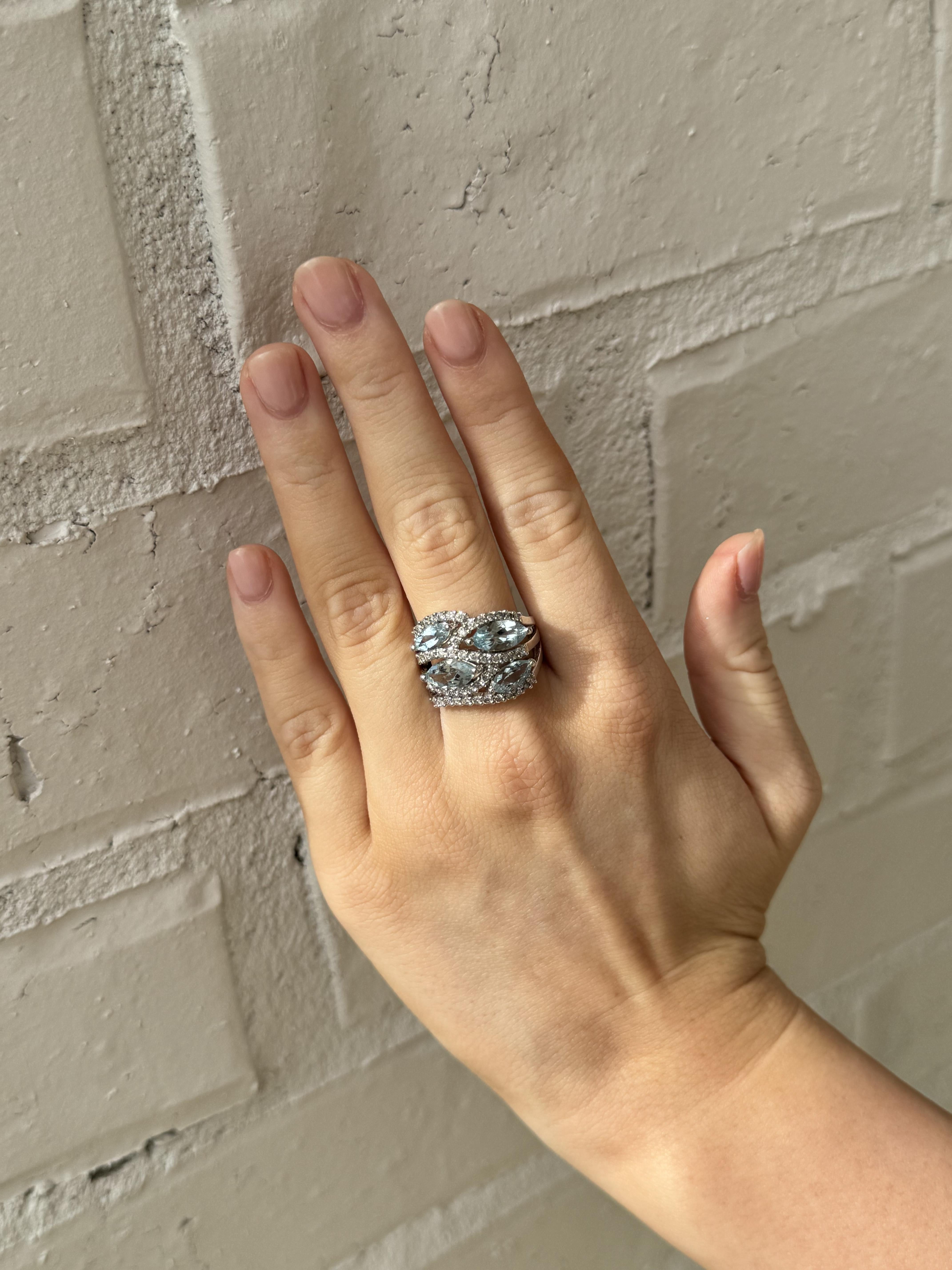 Contemporary Aquamarine & Diamond Cocktail Ring 14K White Gold For Sale