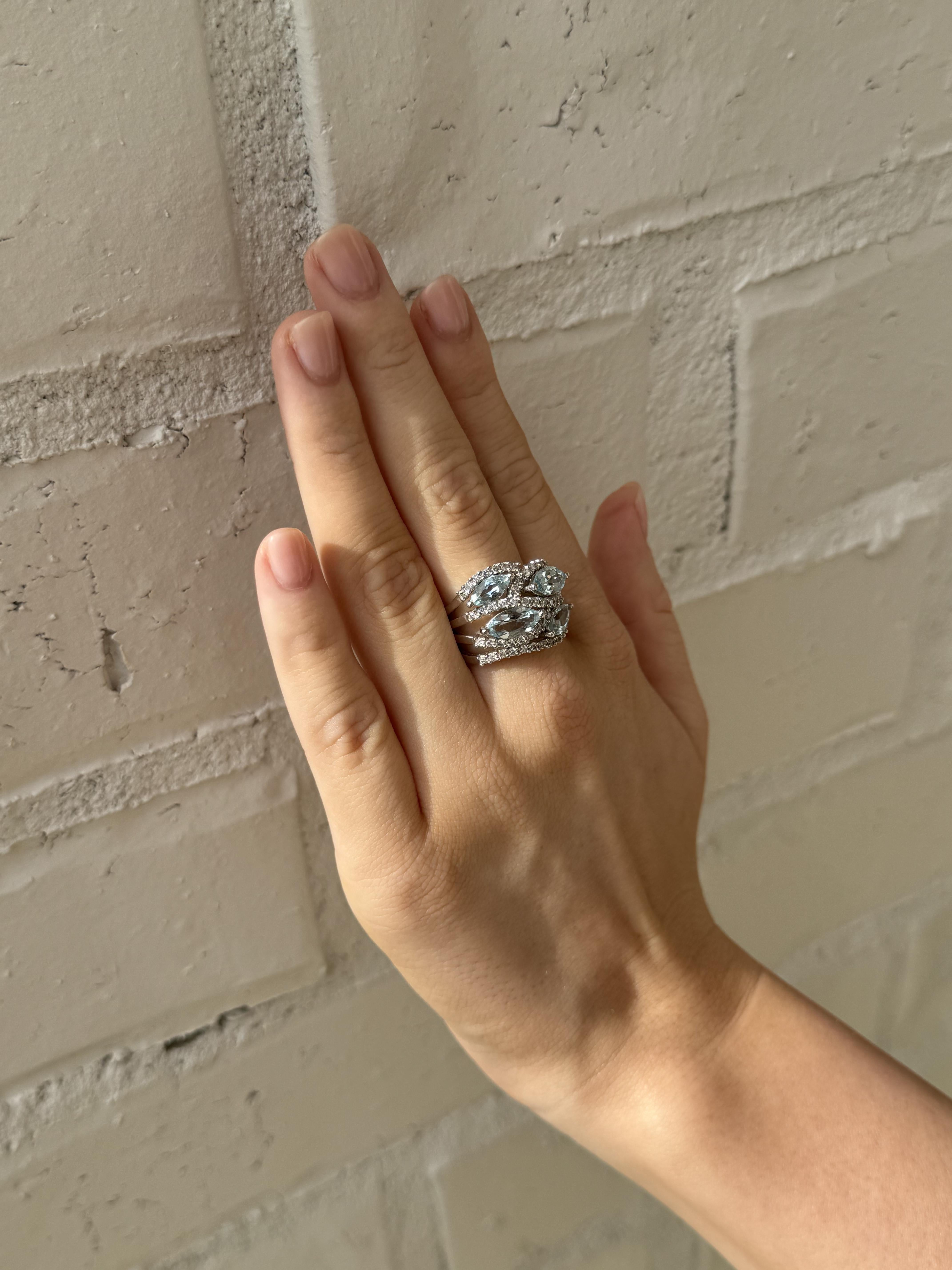 Brilliant Cut Aquamarine & Diamond Cocktail Ring 14K White Gold For Sale