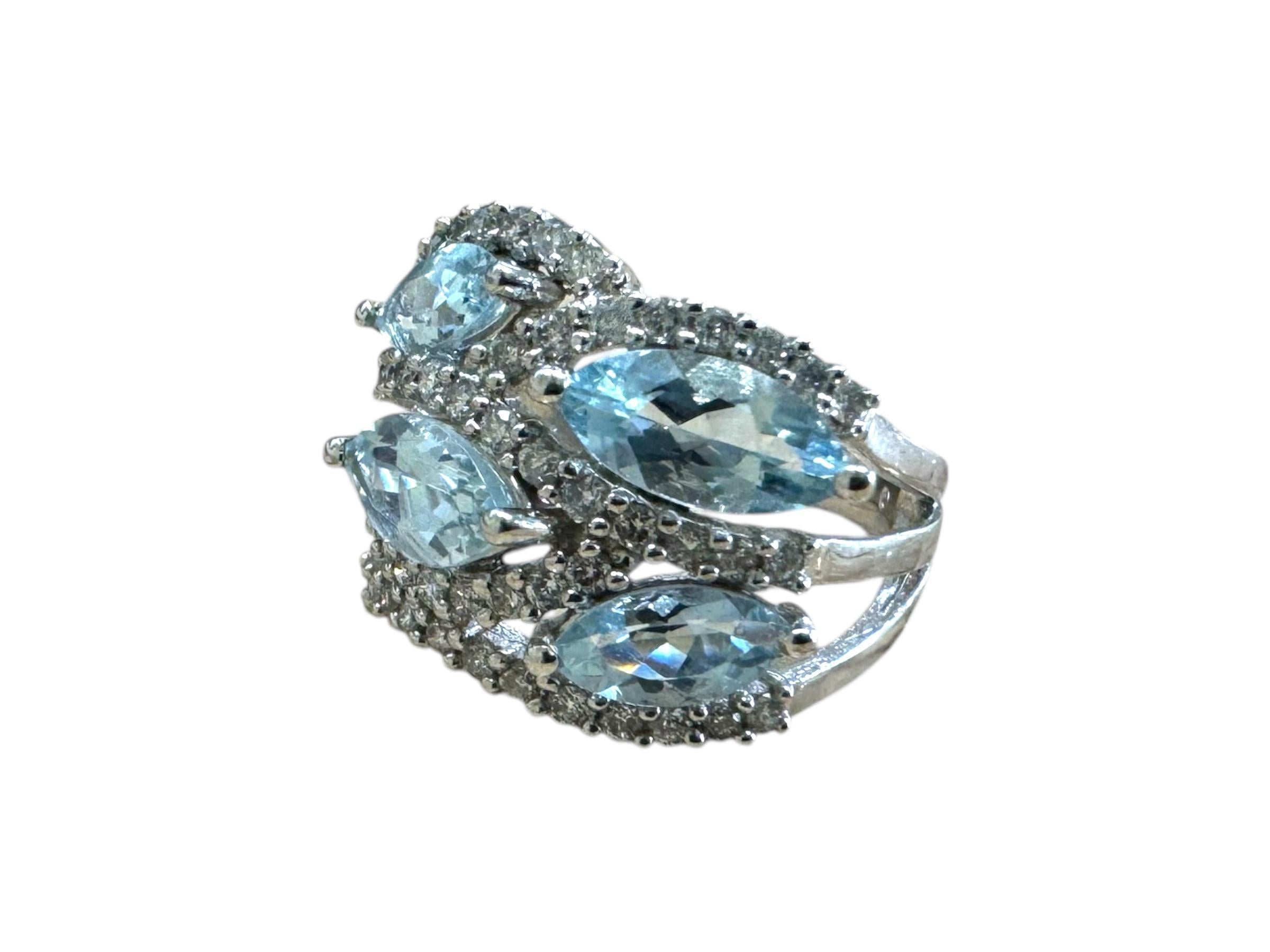 Aquamarine & Diamond Cocktail Ring 14K White Gold For Sale 1