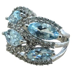 Anillo Cóctel Aguamarina y Diamante Oro Blanco 14K