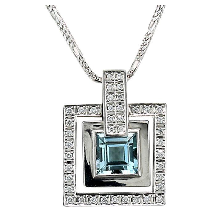 Colgante Convertible Aguamarina Diamante con Cadena 60 cm largo Oro Blanco 18Kt