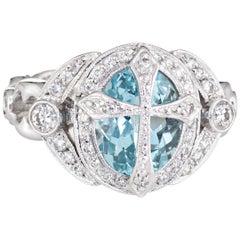 Vintage Aquamarine Diamond Cross Ring Platinum Estate Fine Jewelry Religious