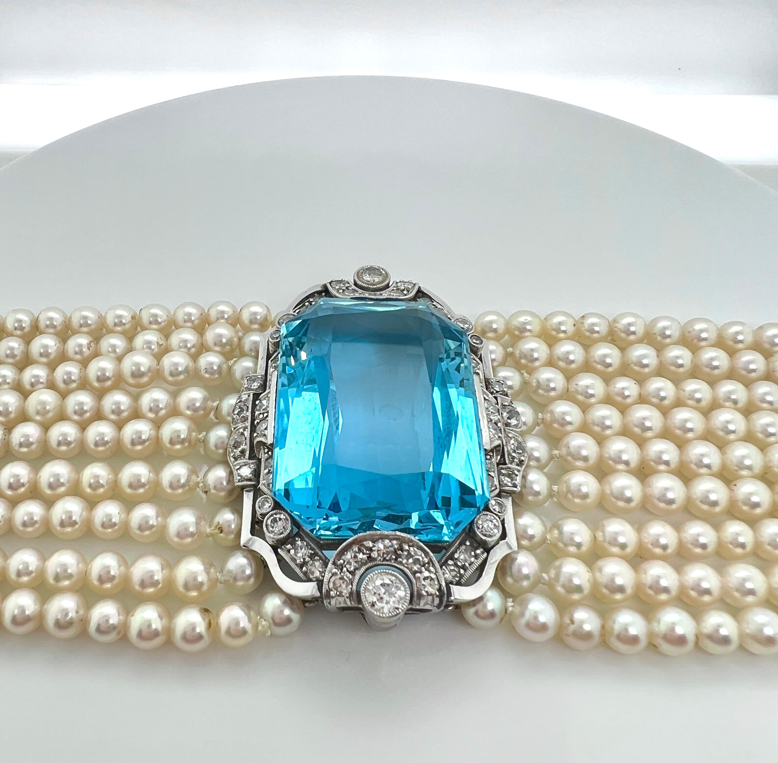 Taglio brillante Collana girocollo in oro bianco con acquamarina, diamanti e perle coltivate