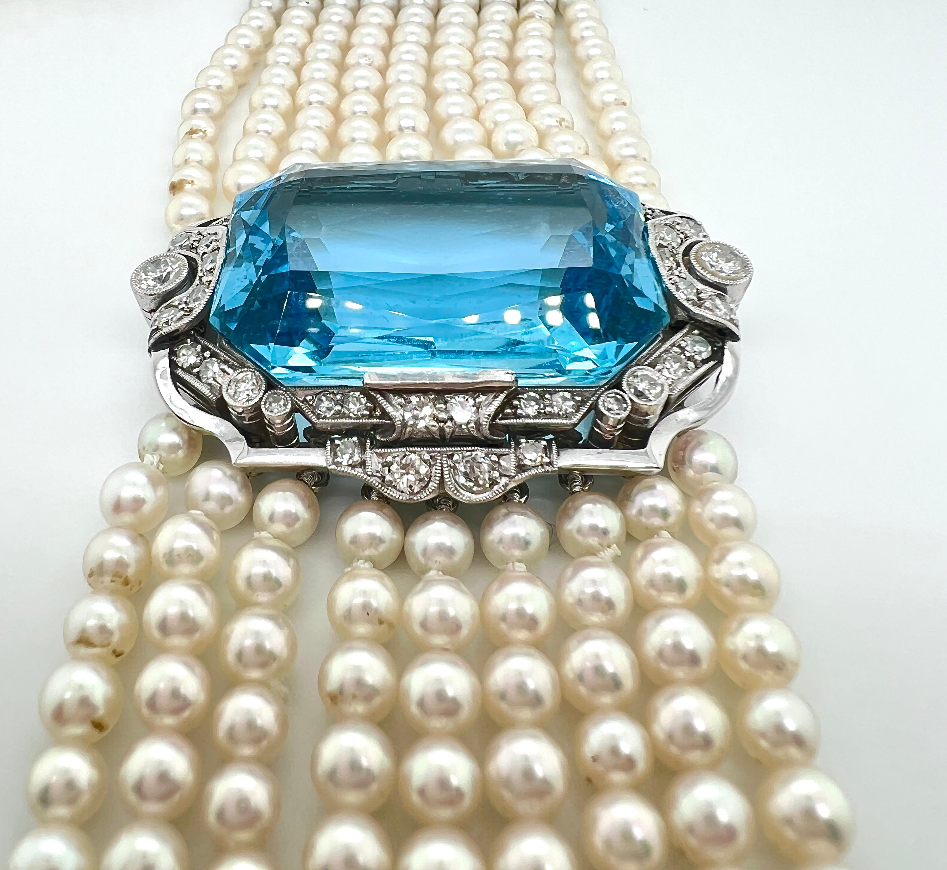 Collana girocollo in oro bianco con acquamarina, diamanti e perle coltivate In condizioni ottime a New York, NY