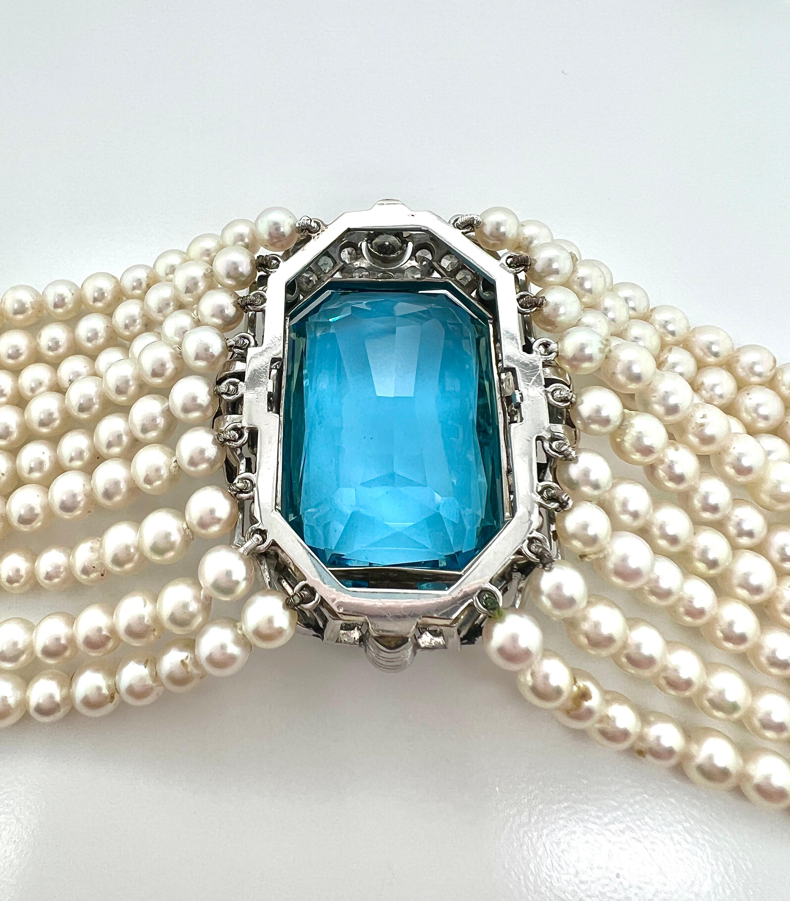 Donna Collana girocollo in oro bianco con acquamarina, diamanti e perle coltivate