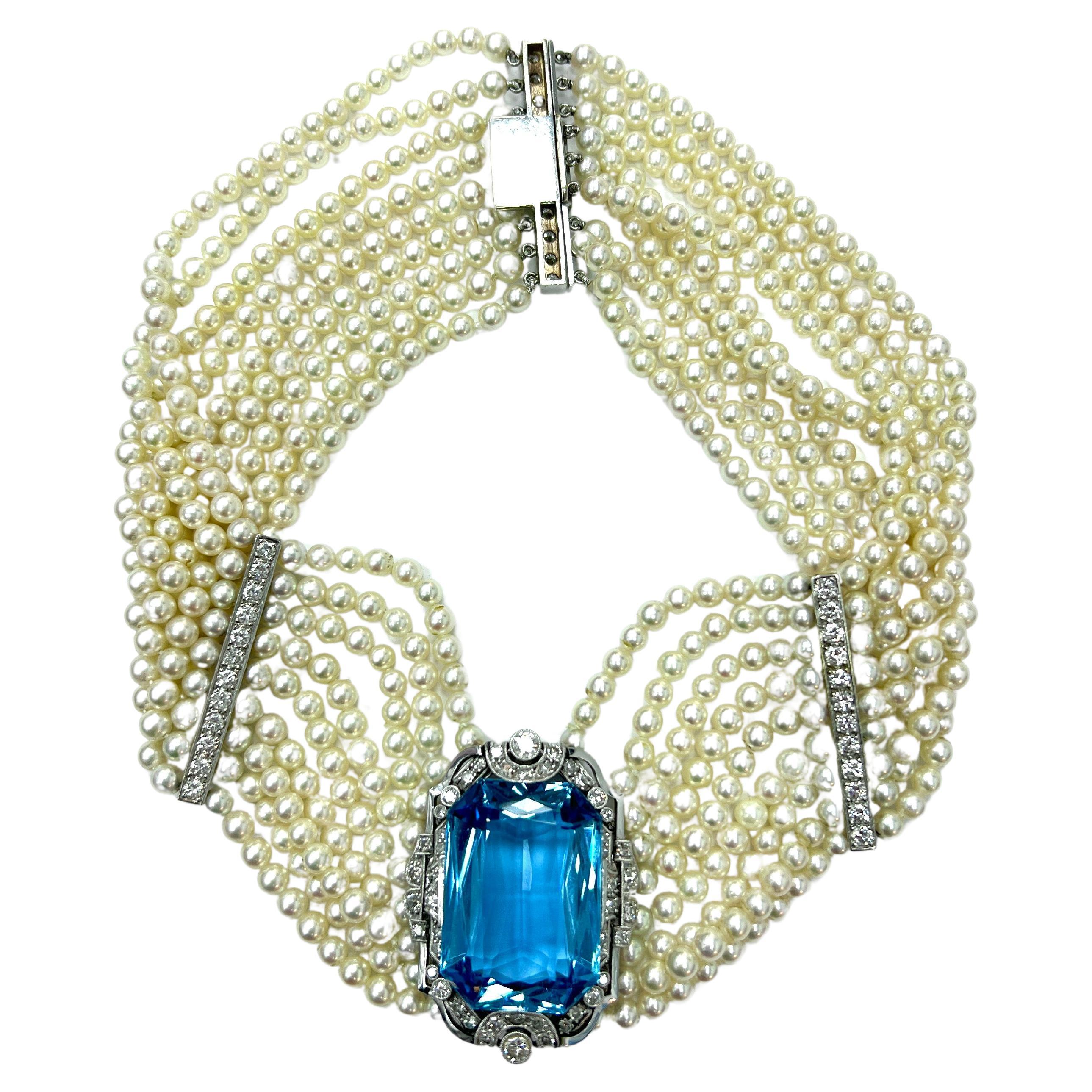 Collar Gargantilla Aguamarina, Diamante, Perla Cultivada, Oro Blanco