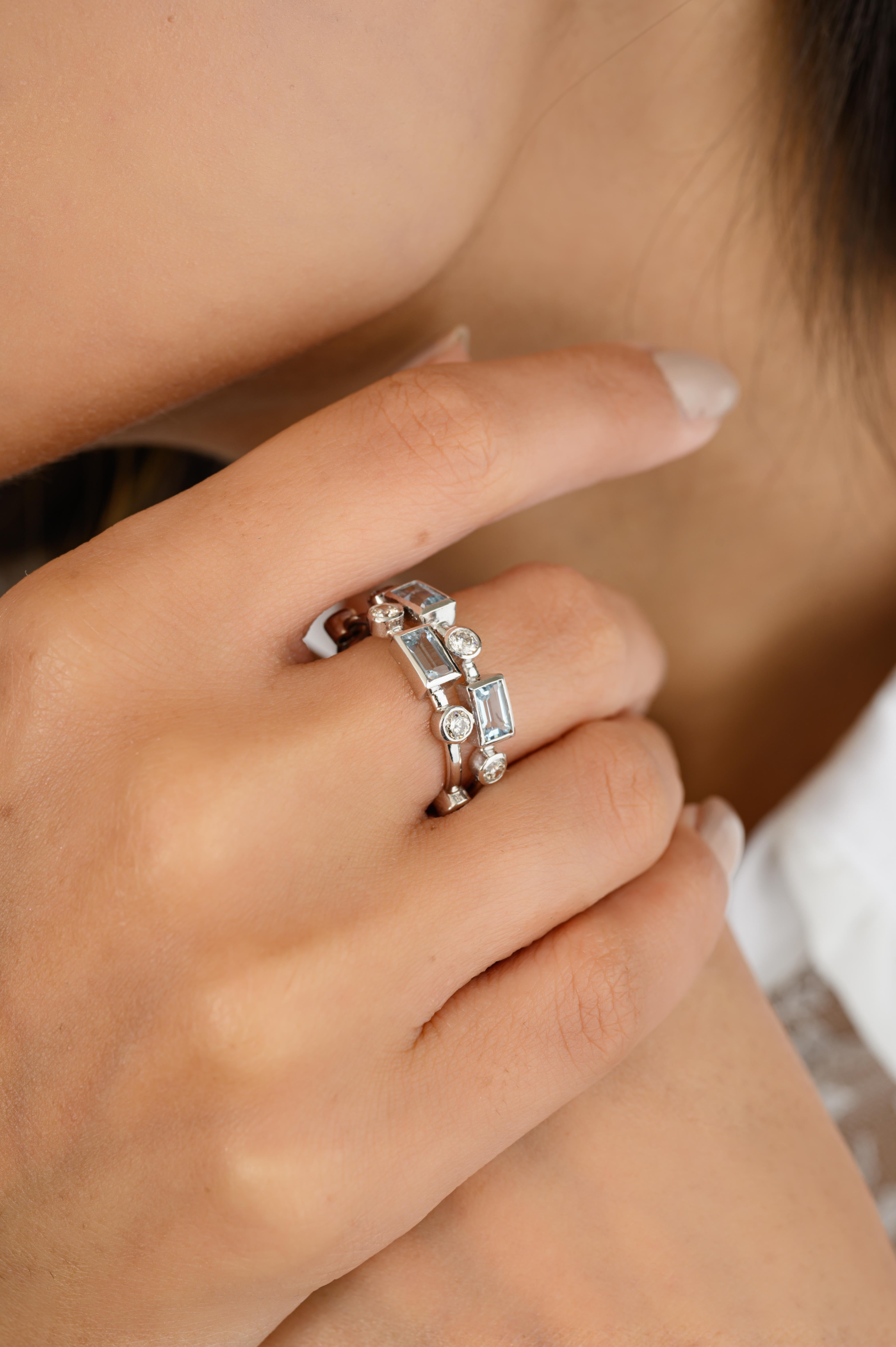 For Sale:  Statement Aquamarine Diamond Engagement Band Ring for Women in 14k White Gold 4
