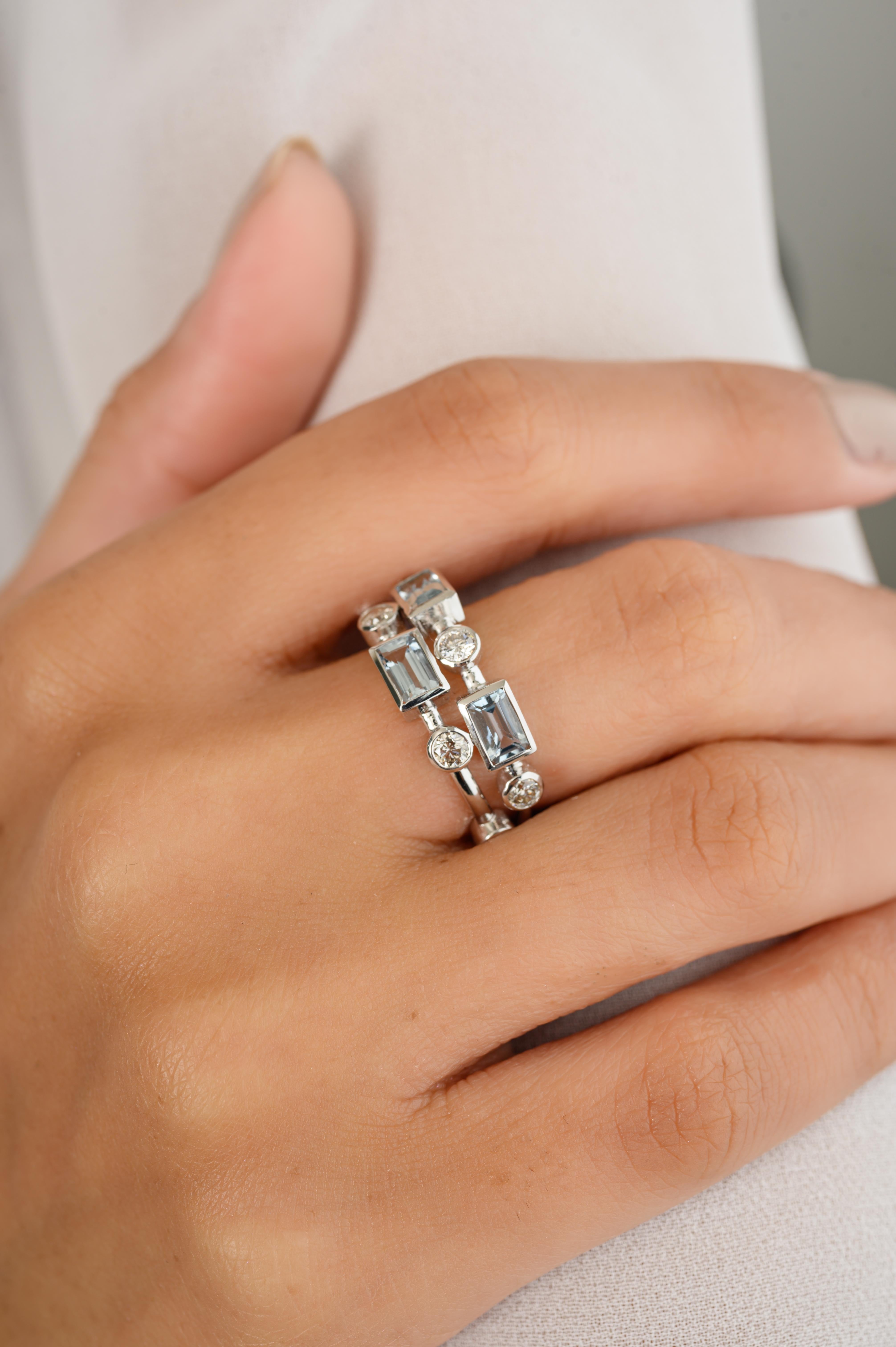 For Sale:  Statement Aquamarine Diamond Engagement Band Ring for Women in 14k White Gold 6
