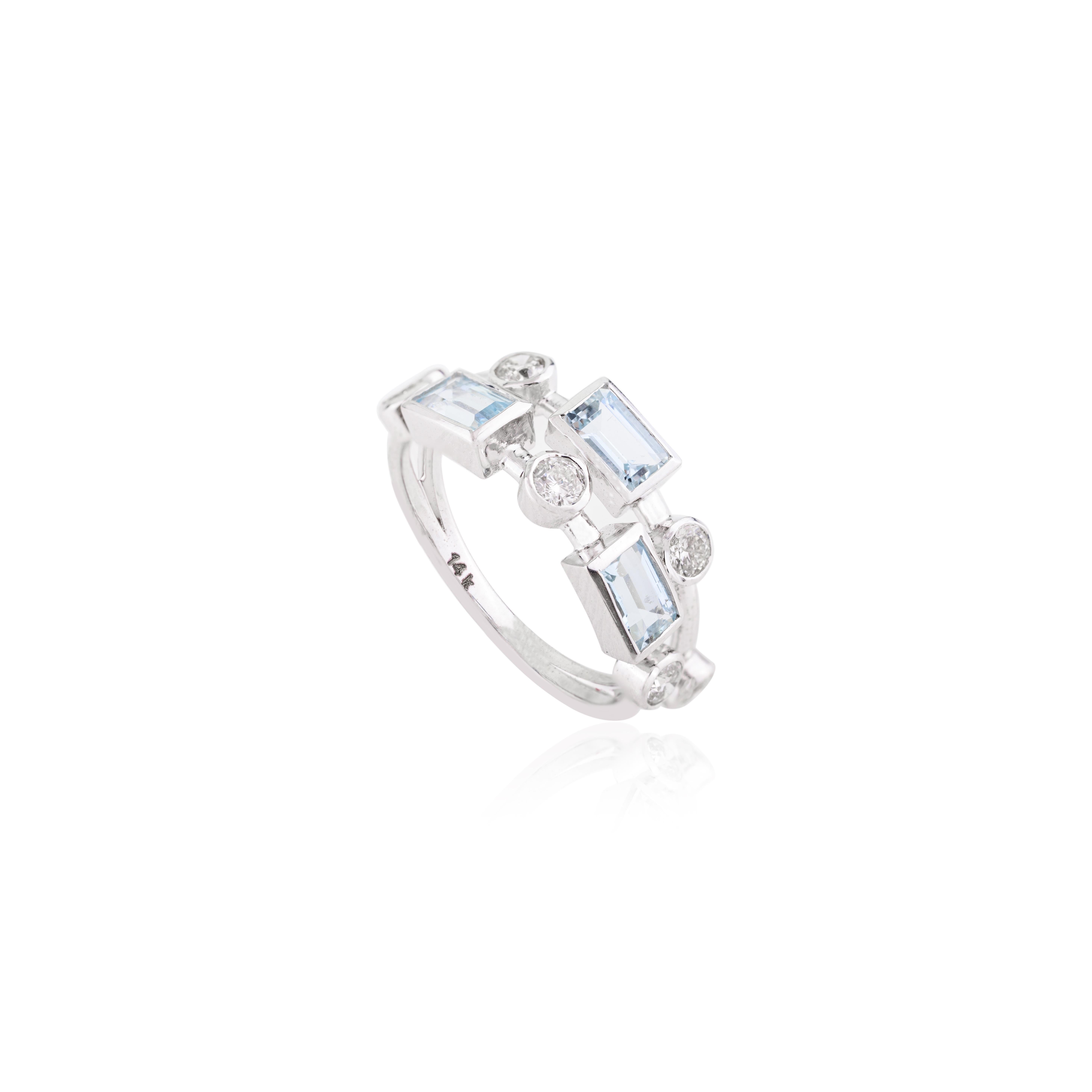 For Sale:  Statement Aquamarine Diamond Engagement Band Ring for Women in 14k White Gold 7