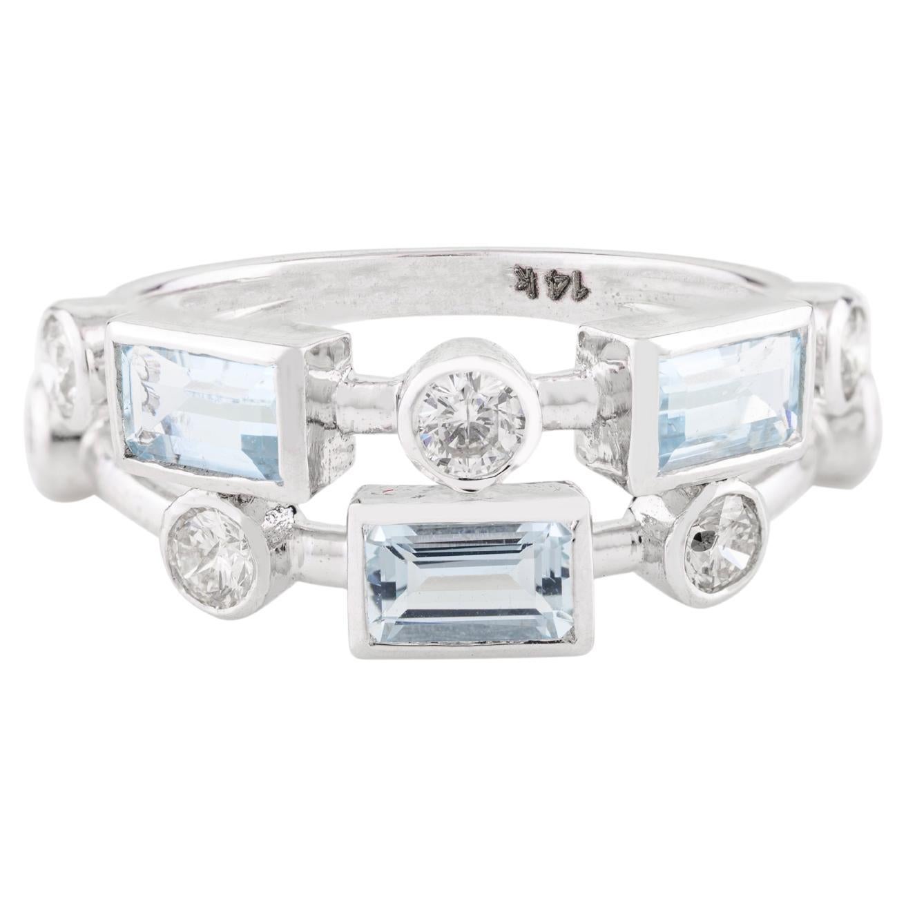 Statement Aquamarine Diamond Engagement Band Ring for Women in 14k White Gold