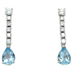 Boucles d'oreilles pendantes aigue-marine diamant or blanc 18k