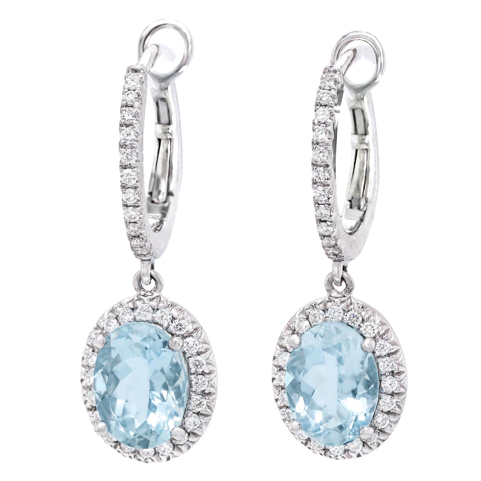 Oval Cut Aquamarine & Diamond Drop Earrings For Sale