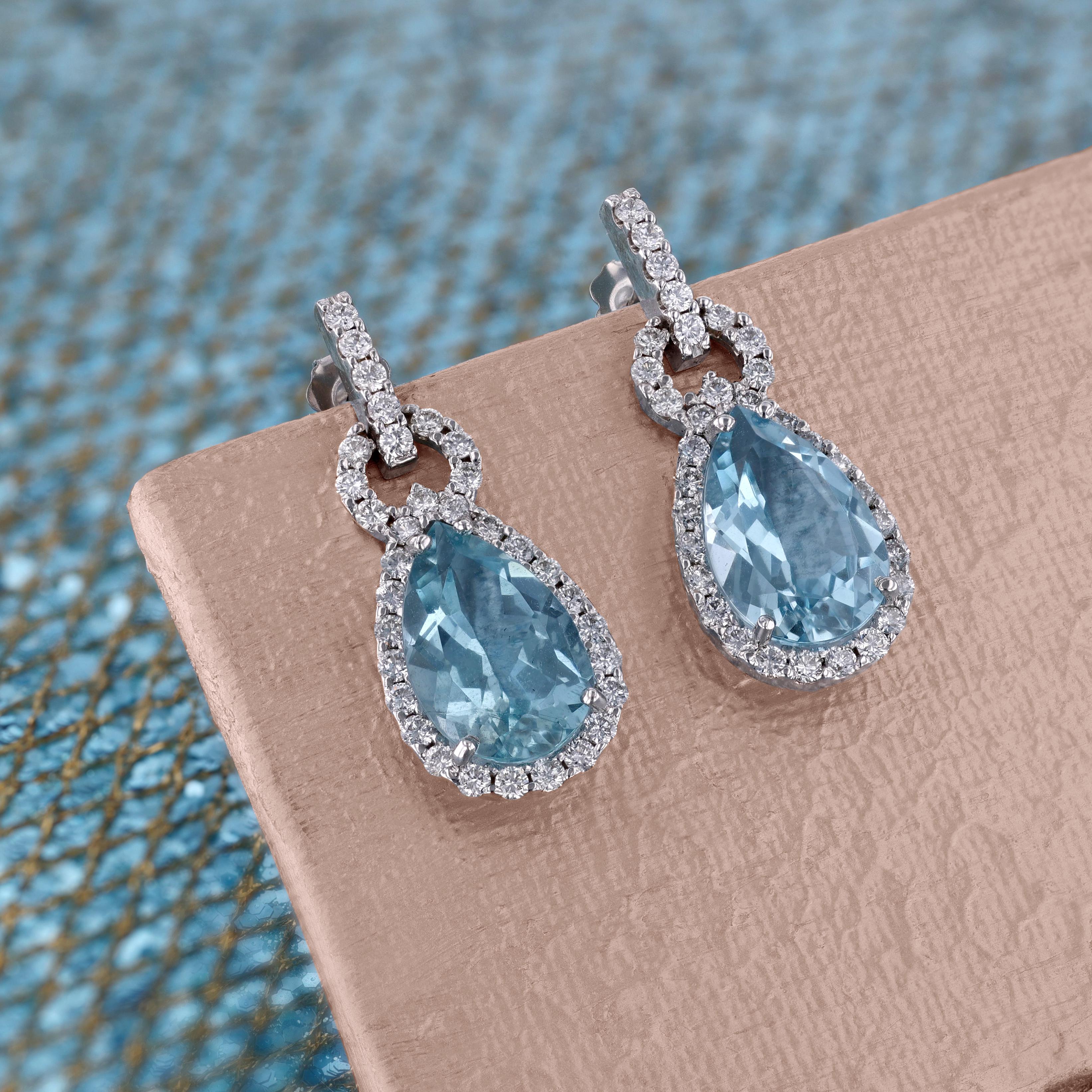 Pear Cut Aquamarine Diamond Drop Earrings For Sale