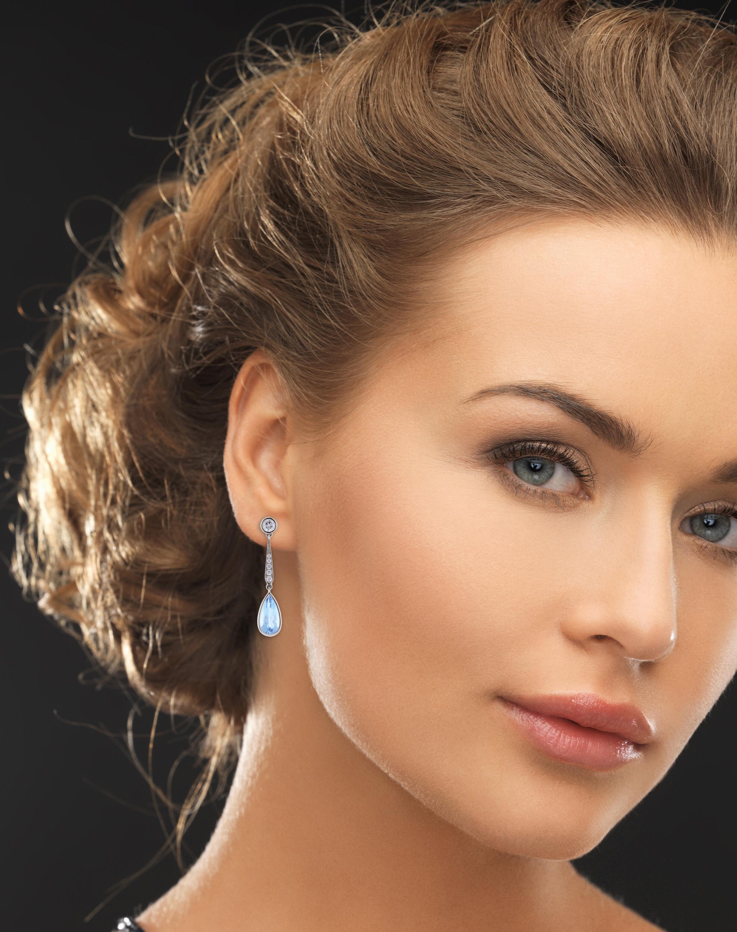 Women's or Men's Aquamarine Diamond Drop Earrings from Pampillonia