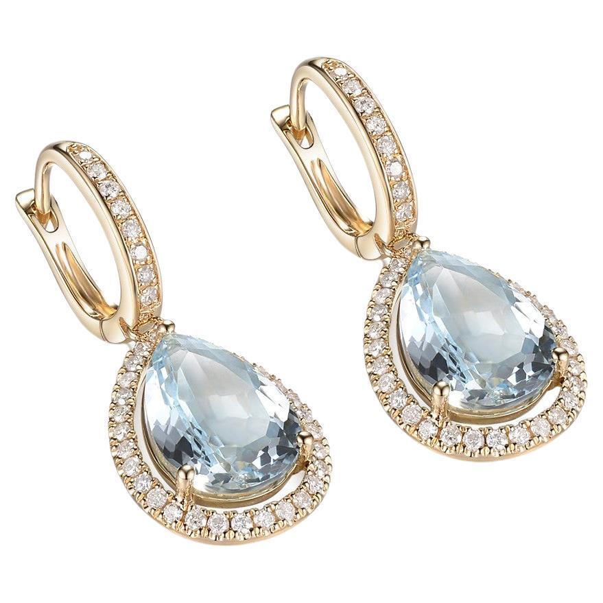 The drop earrings feature a total weight of 4.71 carats for the two pear-shaped aquamarine gemstones. Each aquamarine weighs approximately 2.35 carats. The aquamarines are the captivating centerpiece of the earrings, showcasing their stunning blue