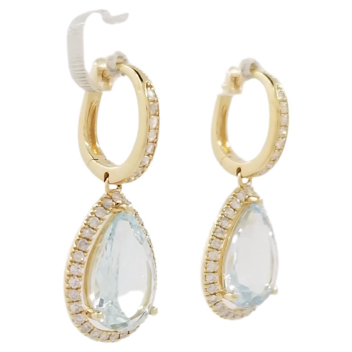 Pear Cut Aquamarine Diamond Drop Earrings in 14 Karat Yellow Gold For Sale