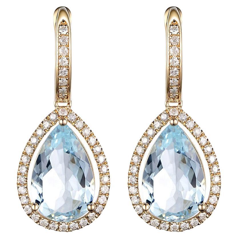 Aquamarine Diamond Drop Earrings in 14 Karat Yellow Gold For Sale