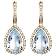 Aquamarine Diamond Drop Earrings in 14 Karat Yellow Gold