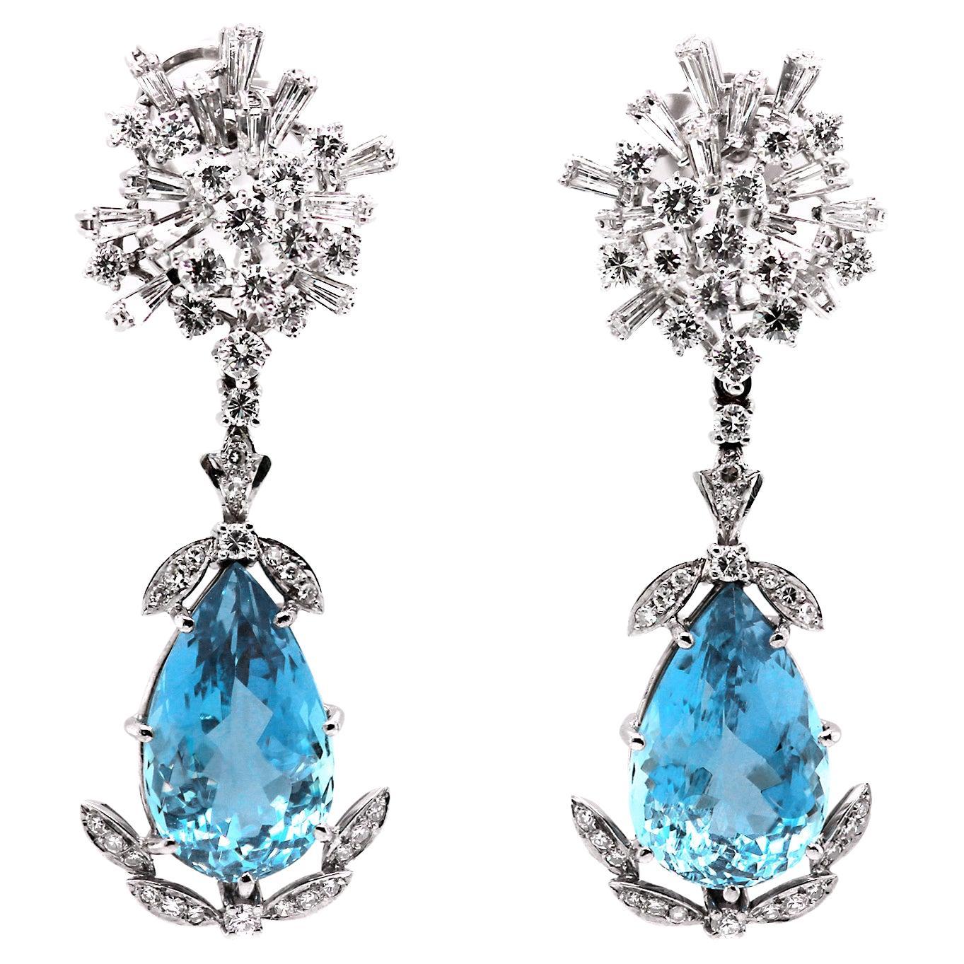 Vintage Diamond & Aquamarine Statement Drop Earrings in 18ct White Gold, Jewelry For Sale
