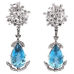 Vintage Diamond & Aquamarine Statement Drop Earrings in 18ct White Gold, Jewelry