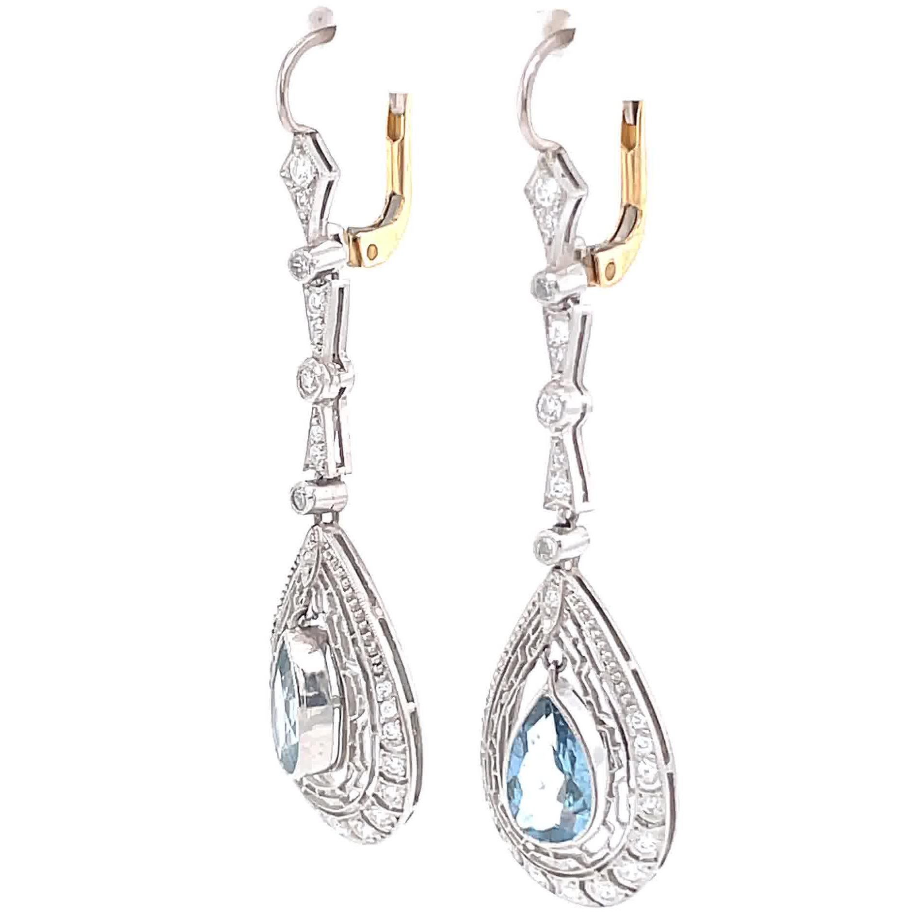Pear Cut Aquamarine Diamond Drop Earrings Platinum Art Deco Inspired