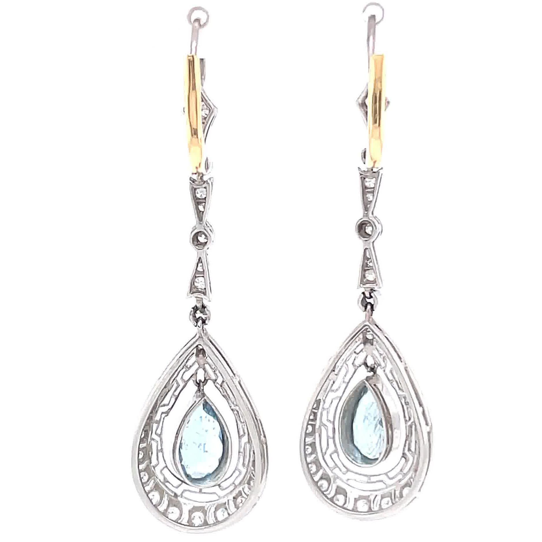 Aquamarine Diamond Drop Earrings Platinum Art Deco Inspired In New Condition In Beverly Hills, CA