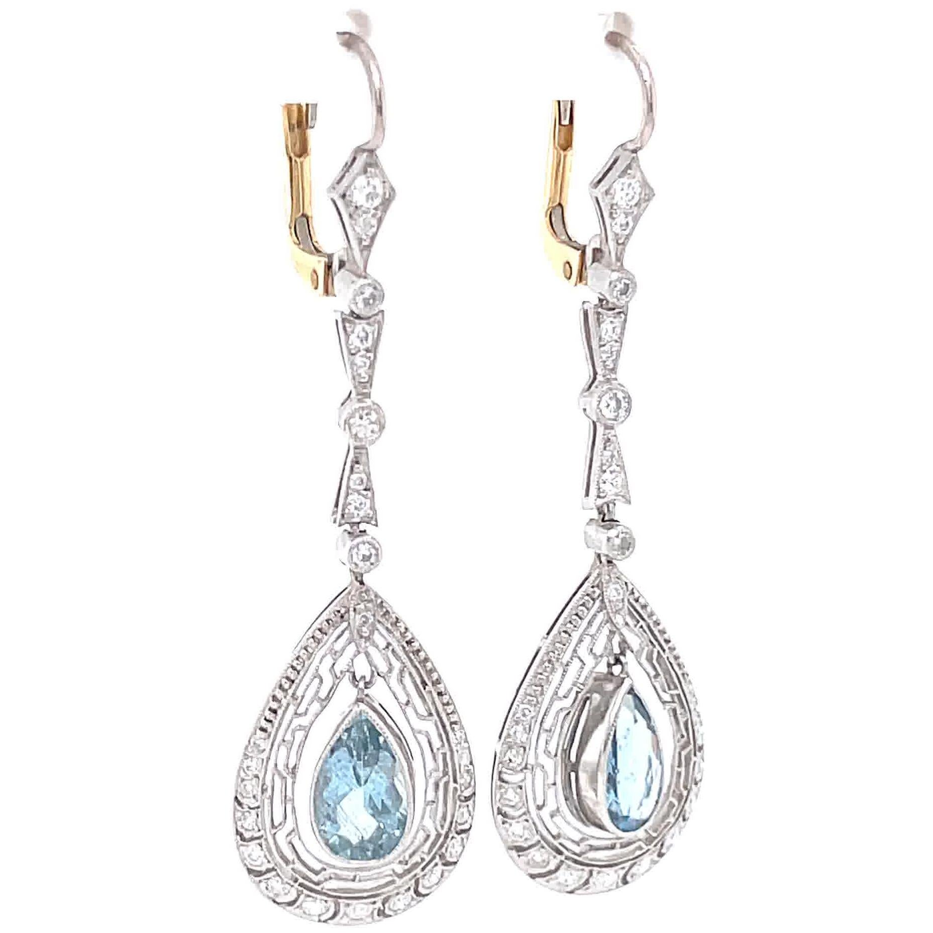 Women's Aquamarine Diamond Drop Earrings Platinum Art Deco Inspired