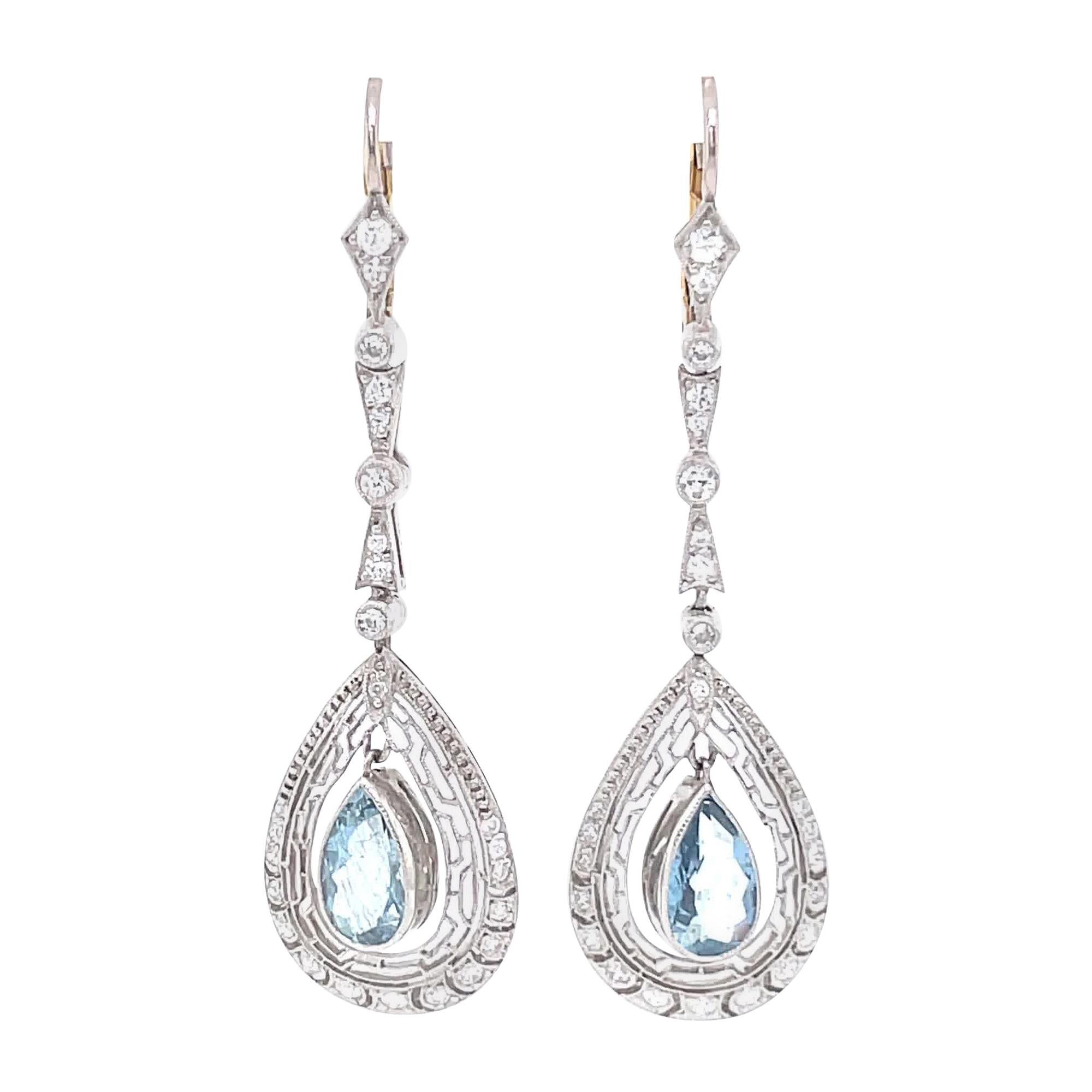 Aquamarine Diamond Drop Earrings Platinum Art Deco Inspired