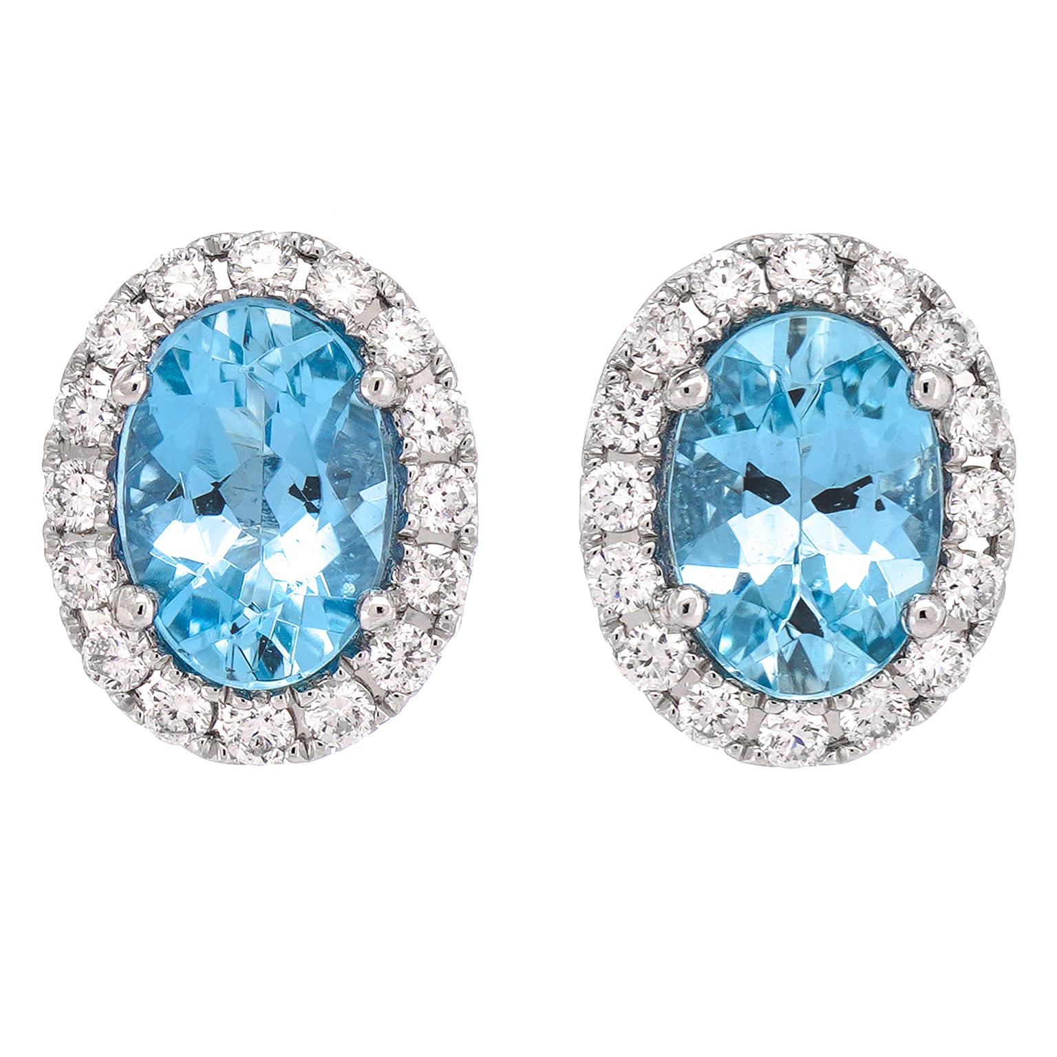 Oval Cut Aquamarine & Diamond Earrings For Sale