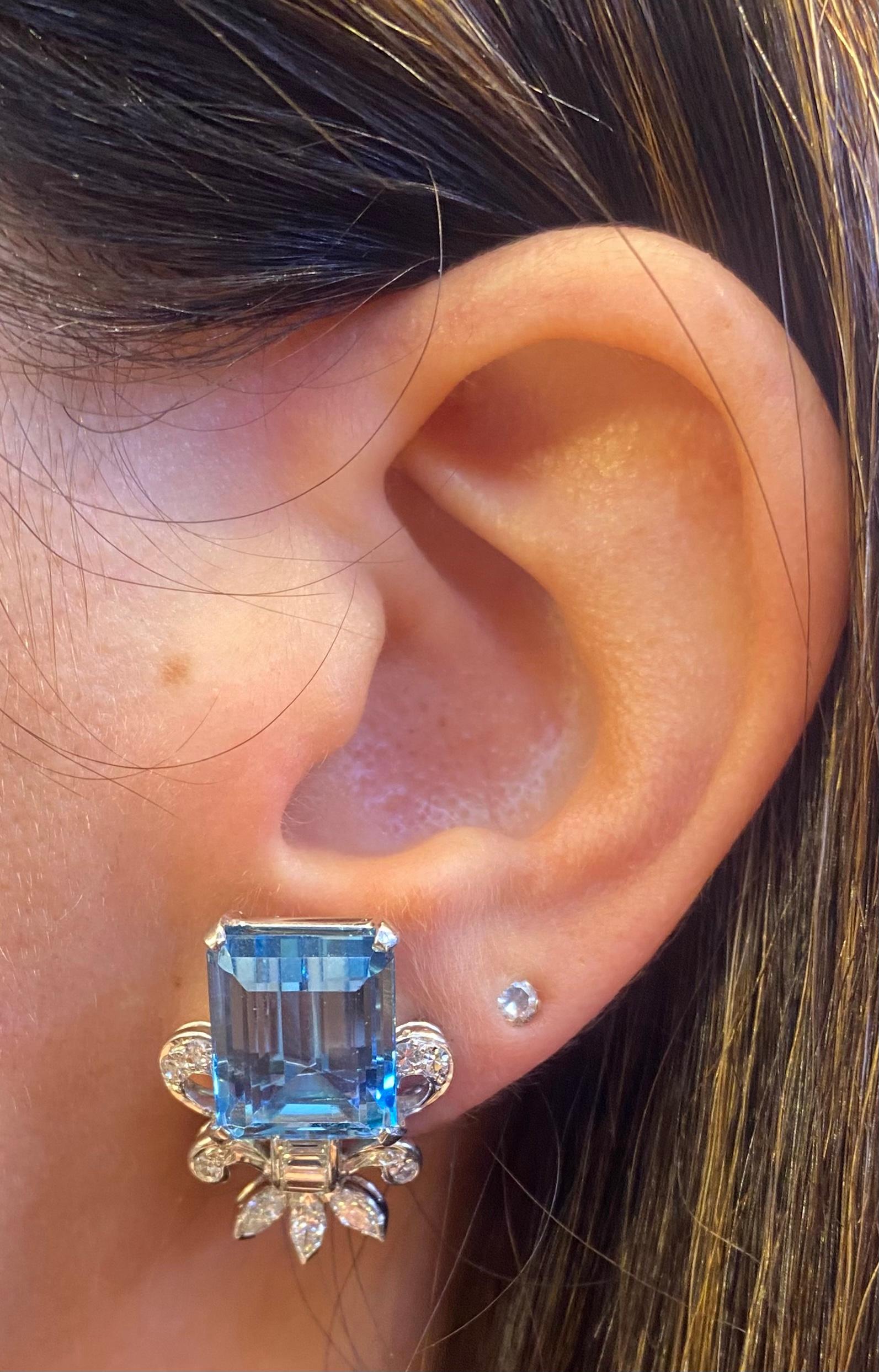 Emerald Cut Aquamarine & Diamond Earrings For Sale