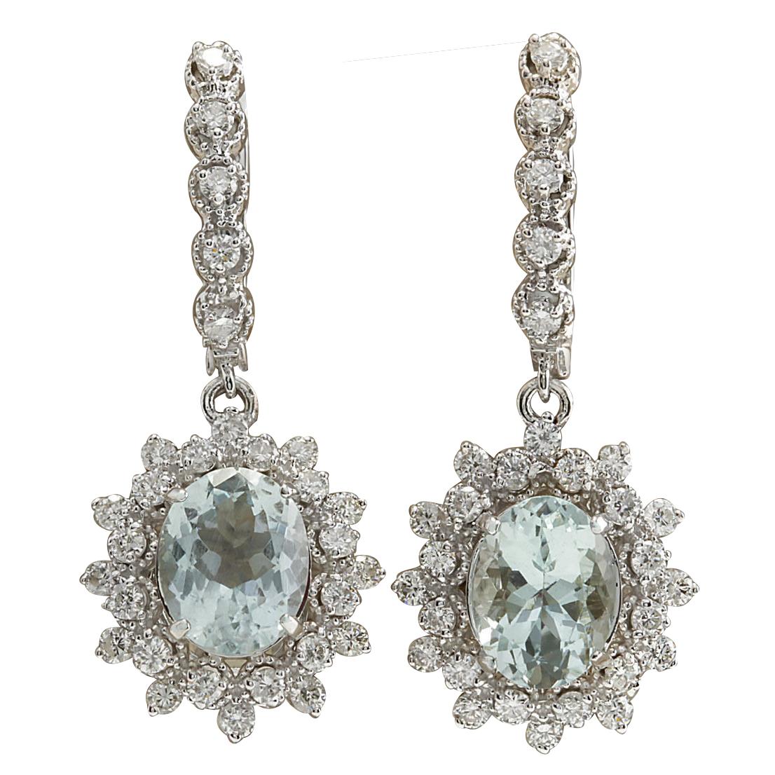 Oval Cut Aquamarine Diamond Earrings In 14 Karat White Gold  For Sale