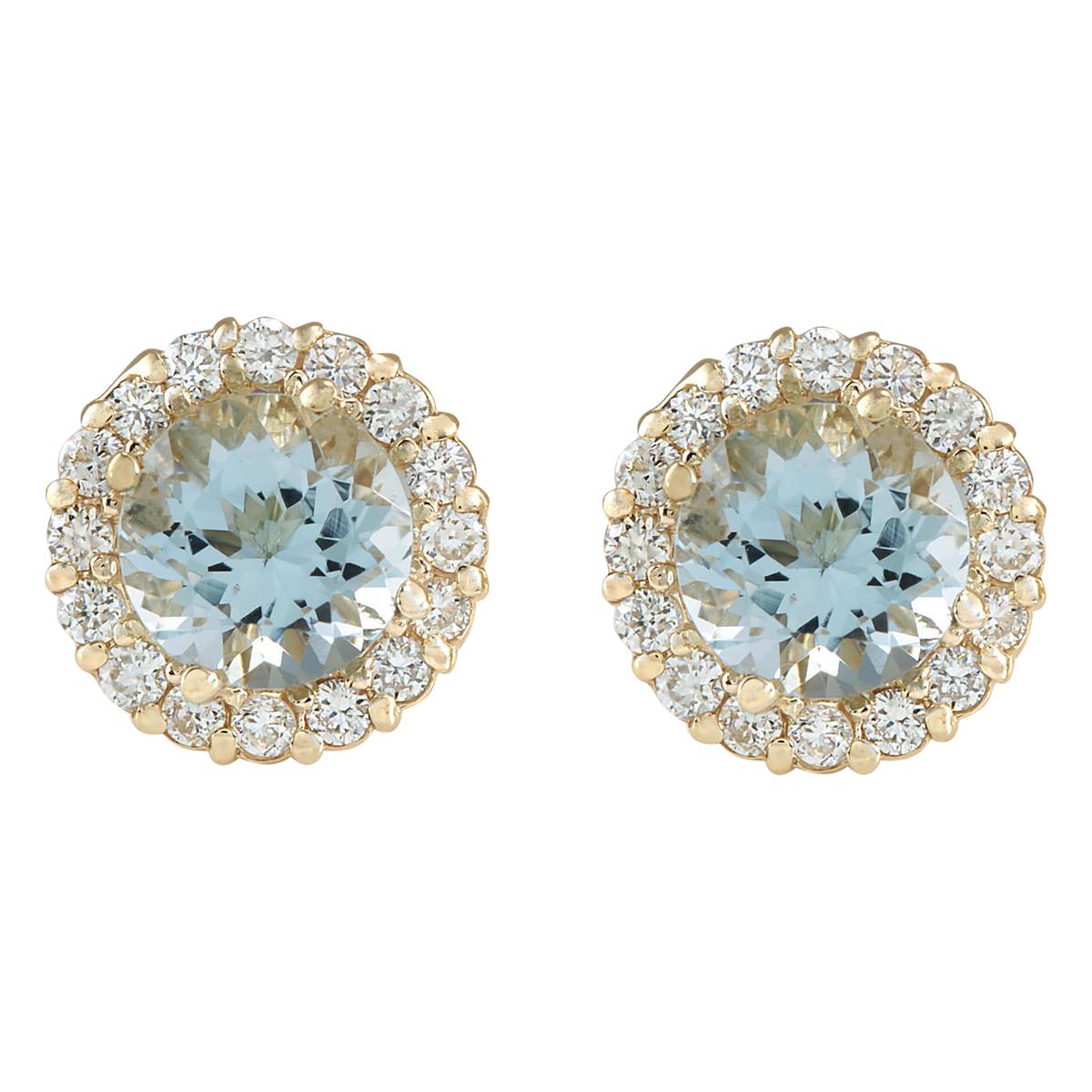 Round Cut Aquamarine Diamond Earrings In 14 Karat Yellow Gold  For Sale