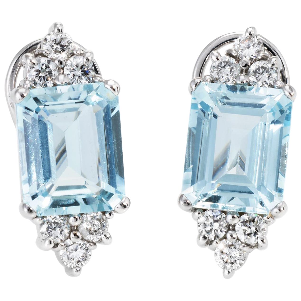 Aquamarine Diamond Earrings Vintage 14 Karat White Gold