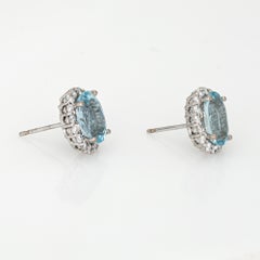 Aquamarine Diamond Earrings Vintage 14k Gold Oval Studs Estate Fine Jewelry