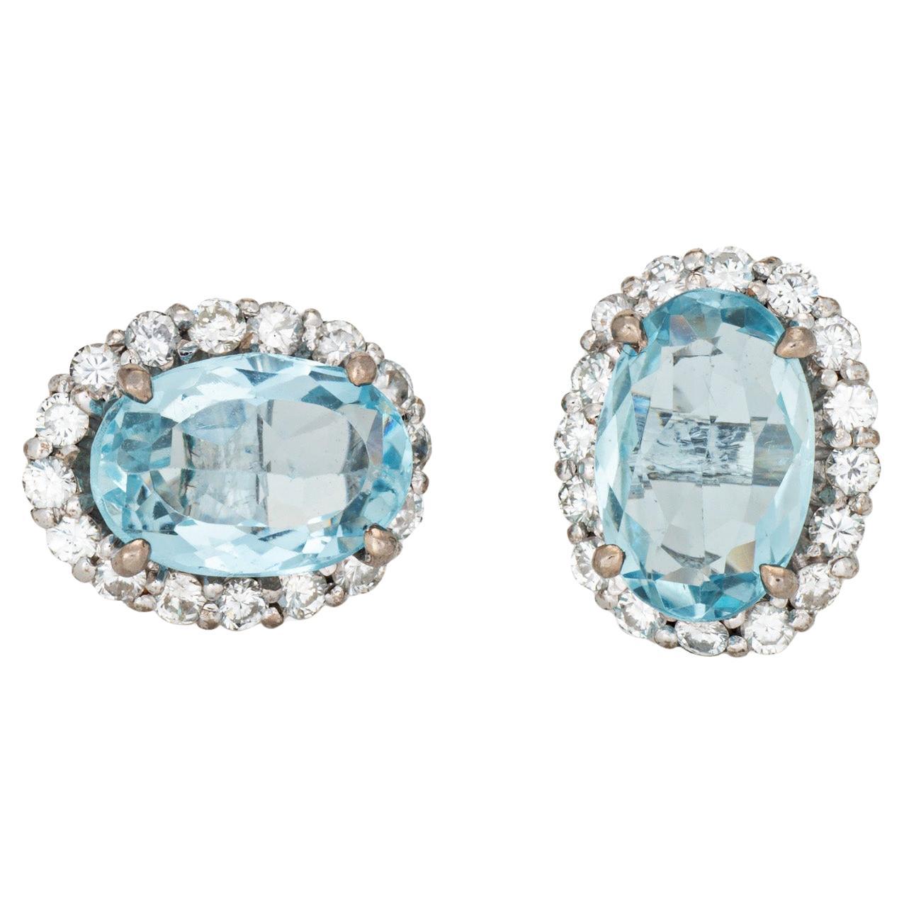Orecchini di diamanti all
acquamarina Vintage in oro 14k con borchie ovali Estate Jewelry