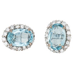Orecchini di diamanti all'acquamarina Vintage in oro 14k con borchie ovali Estate Jewelry