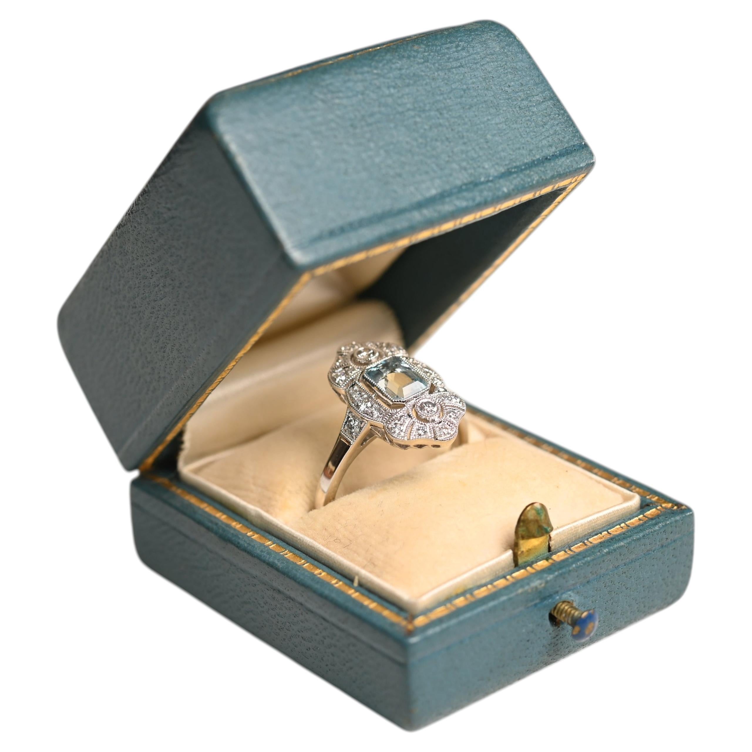 Aquamarine Diamond Elongated Ring. 0.50ct Emerald Cut Aquamarine 18K White Gold