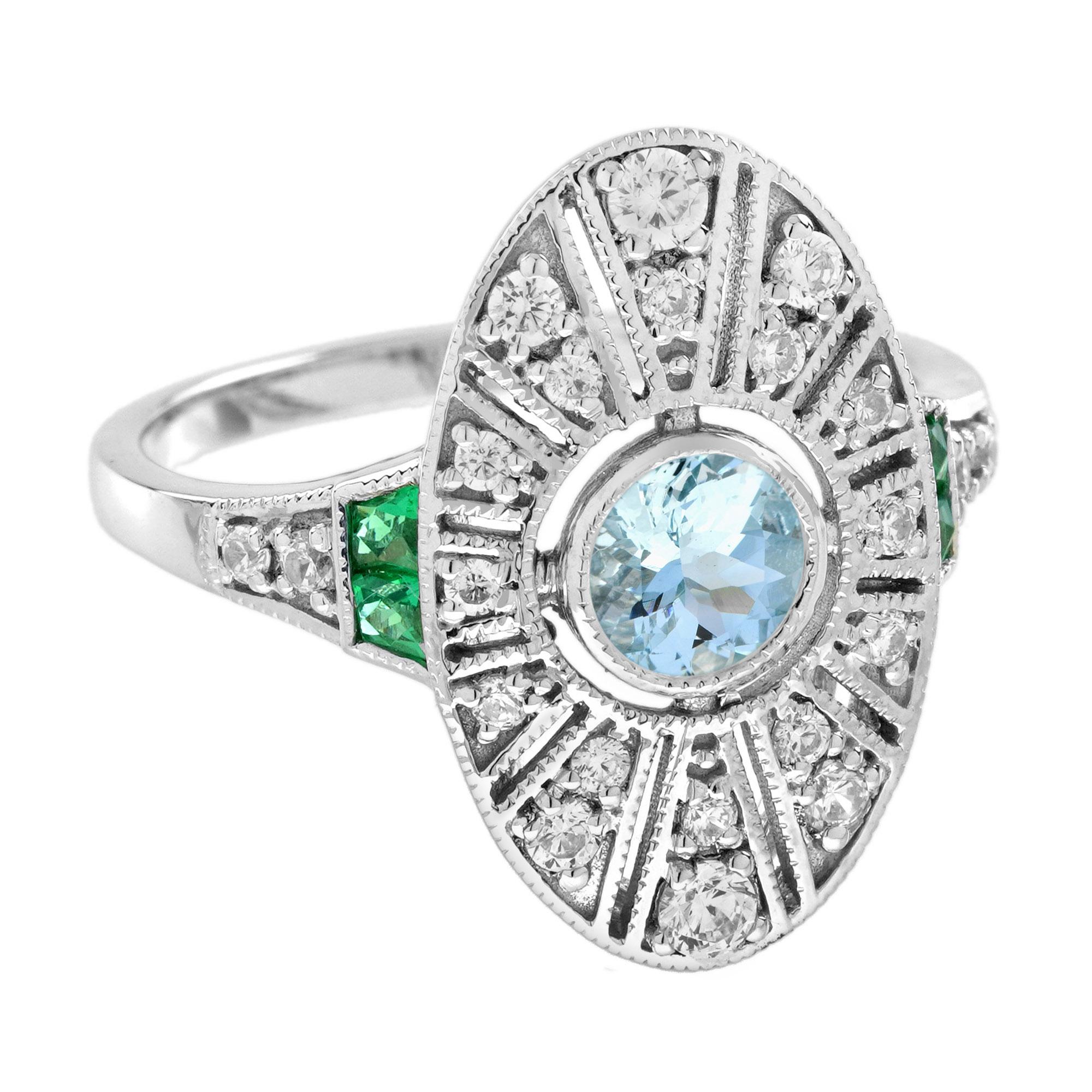Round Cut Aquamarine Diamond Emerald Edwardian Style Engagement Ring in 18K White Gold For Sale