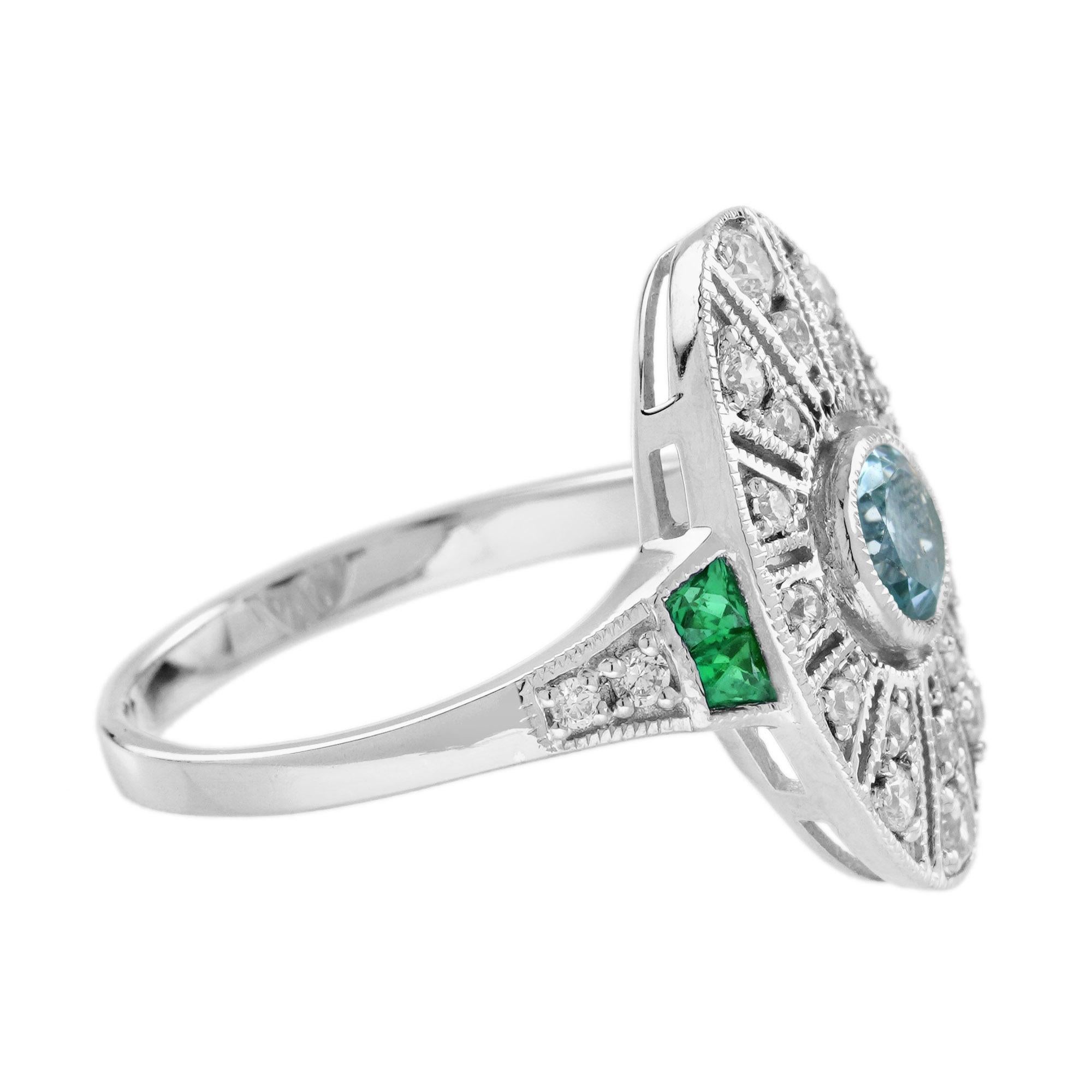 Aquamarine Diamond Emerald Edwardian Style Engagement Ring in 18K White Gold In New Condition For Sale In Bangkok, TH