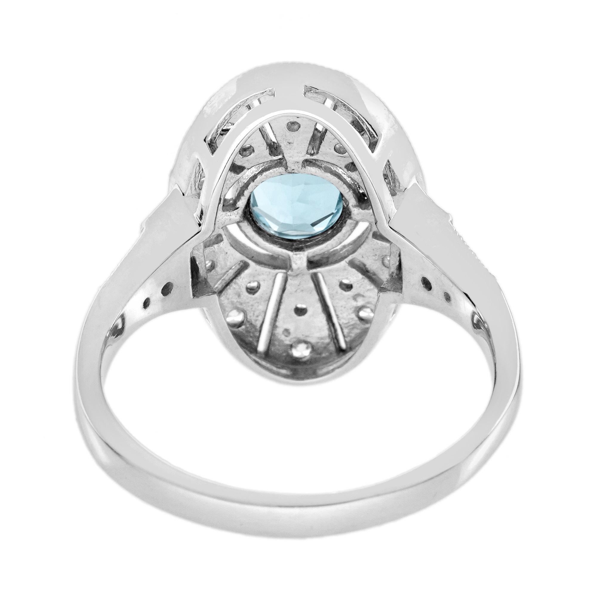 Women's Aquamarine Diamond Emerald Edwardian Style Engagement Ring in 18K White Gold For Sale