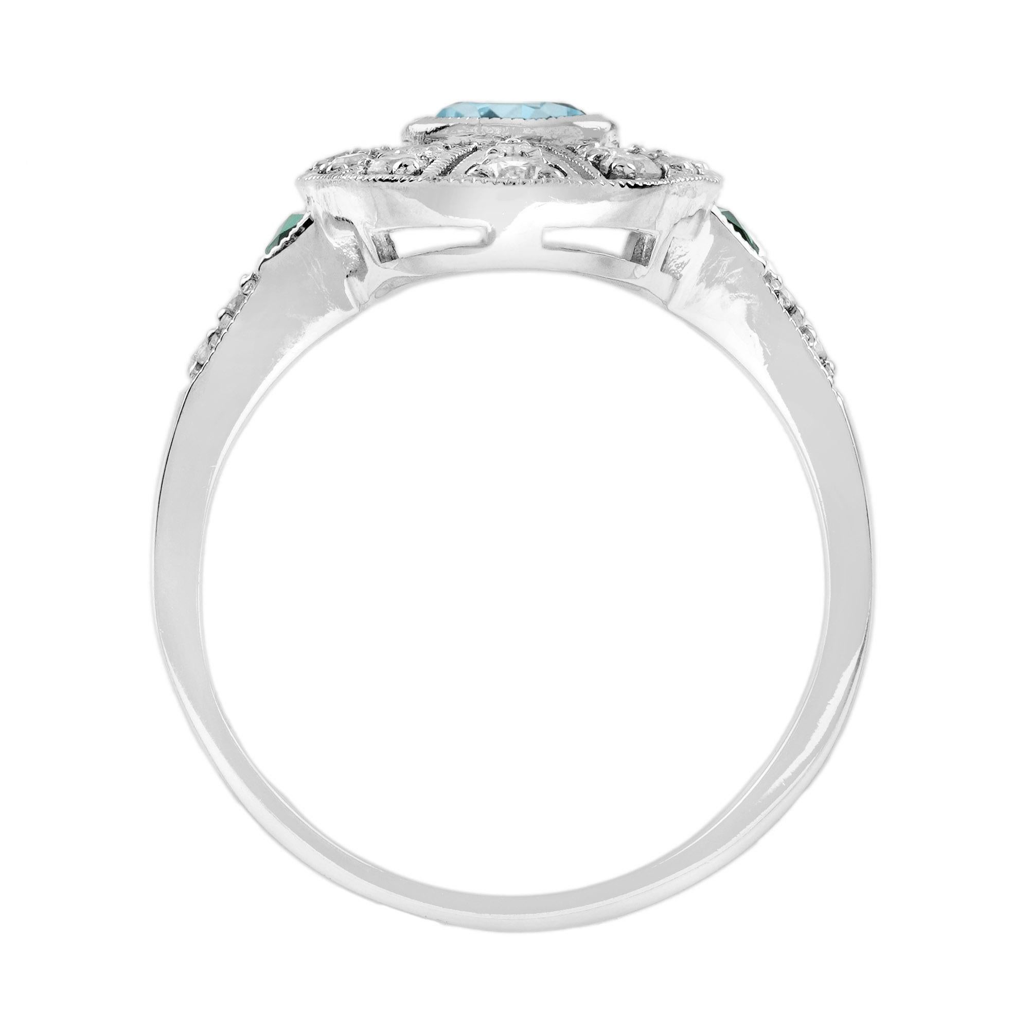 Aquamarine Diamond Emerald Edwardian Style Engagement Ring in 18K White Gold For Sale 1