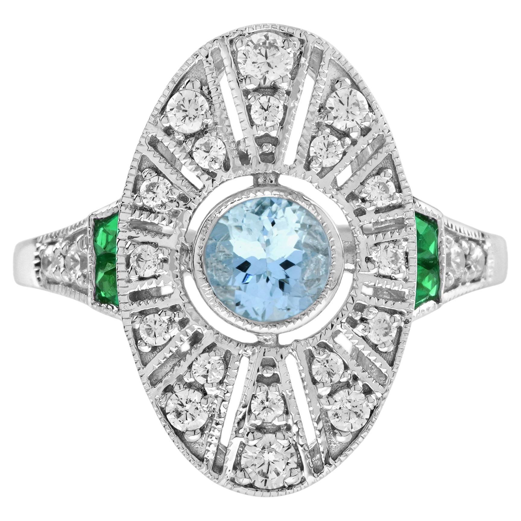 Aquamarine Diamond Emerald Edwardian Style Engagement Ring in 18K White Gold